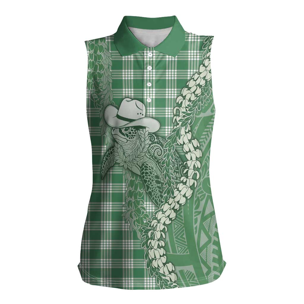 Green Hawaii Palaka Cowboy Turtle Women Sleeveless Polo Shirt Hawaiian Paniolo Puakenikeni Maile Lei - Polynesian Pride