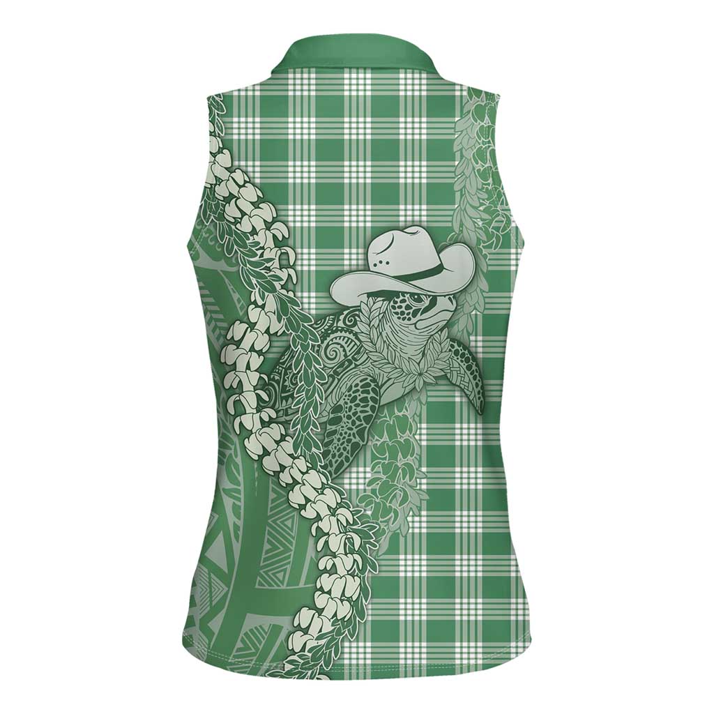 Green Hawaii Palaka Cowboy Turtle Women Sleeveless Polo Shirt Hawaiian Paniolo Puakenikeni Maile Lei - Polynesian Pride