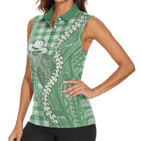 Green Hawaii Palaka Cowboy Turtle Women Sleeveless Polo Shirt Hawaiian Paniolo Puakenikeni Maile Lei - Polynesian Pride