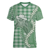 Green Hawaii Palaka Cowboy Turtle Women V-Neck T-Shirt Hawaiian Paniolo Puakenikeni Maile Lei - Polynesian Pride