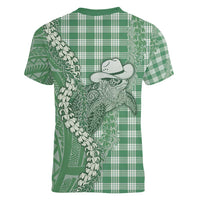 Green Hawaii Palaka Cowboy Turtle Women V-Neck T-Shirt Hawaiian Paniolo Puakenikeni Maile Lei - Polynesian Pride