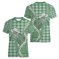 Green Hawaii Palaka Cowboy Turtle Women V-Neck T-Shirt Hawaiian Paniolo Puakenikeni Maile Lei - Polynesian Pride