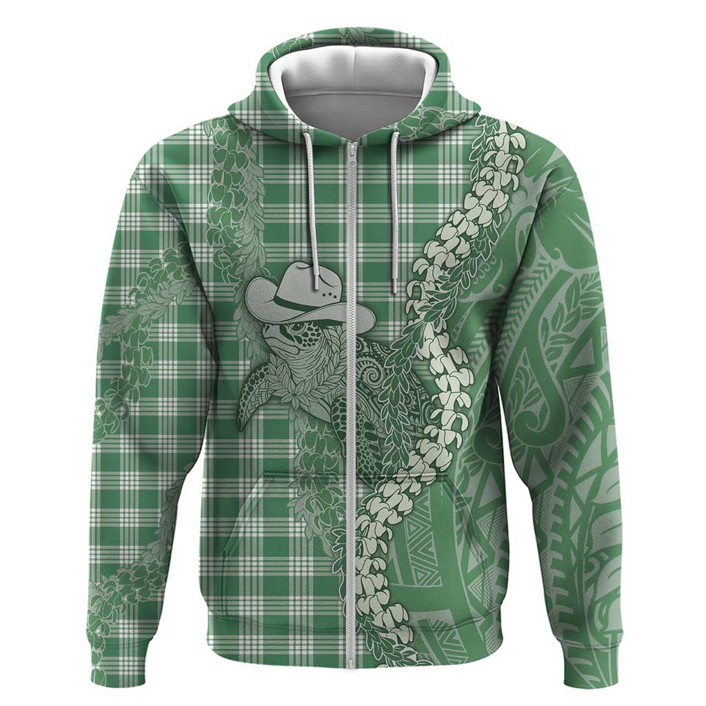 Green Hawaii Palaka Cowboy Turtle Zip Hoodie Hawaiian Paniolo Puakenikeni Maile Lei - Polynesian Pride