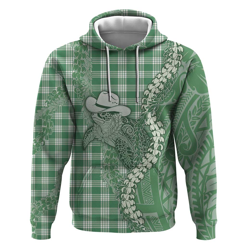 Green Hawaii Palaka Cowboy Turtle Zip Hoodie Hawaiian Paniolo Puakenikeni Maile Lei - Polynesian Pride