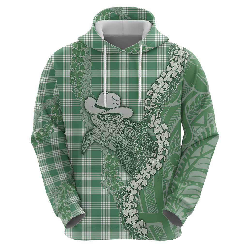 Green Hawaii Palaka Cowboy Turtle Zip Hoodie Hawaiian Paniolo Puakenikeni Maile Lei - Polynesian Pride