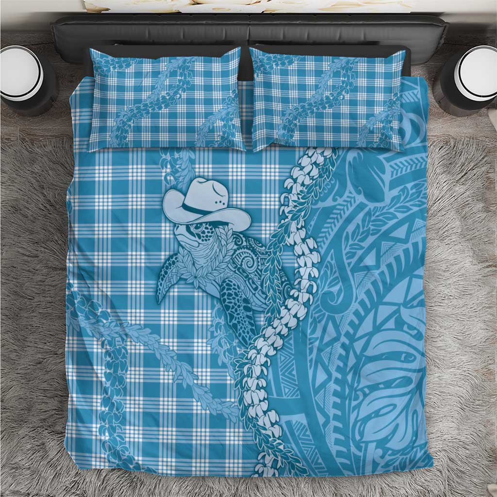 Blue Hawaii Palaka Cowboy Turtle Bedding Set Hawaiian Paniolo Puakenikeni Maile Lei - Polynesian Pride