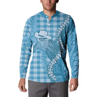 Blue Hawaii Palaka Cowboy Turtle Button Sweatshirt Hawaiian Paniolo Puakenikeni Maile Lei - Polynesian Pride