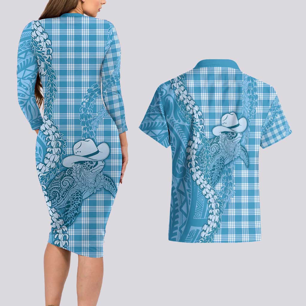Blue Hawaii Palaka Cowboy Turtle Couples Matching Long Sleeve Bodycon Dress and Hawaiian Shirt Hawaiian Paniolo Puakenikeni Maile Lei - Polynesian Pride
