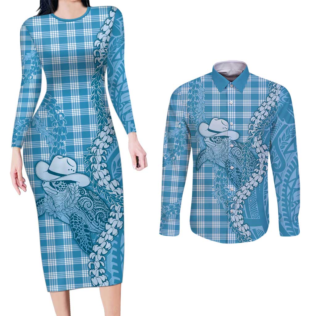 Blue Hawaii Palaka Cowboy Turtle Couples Matching Long Sleeve Bodycon Dress and Long Sleeve Button Shirt Hawaiian Paniolo Puakenikeni Maile Lei - Polynesian Pride