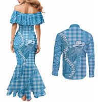 Blue Hawaii Palaka Cowboy Turtle Couples Matching Mermaid Dress and Long Sleeve Button Shirt Hawaiian Paniolo Puakenikeni Maile Lei - Polynesian Pride