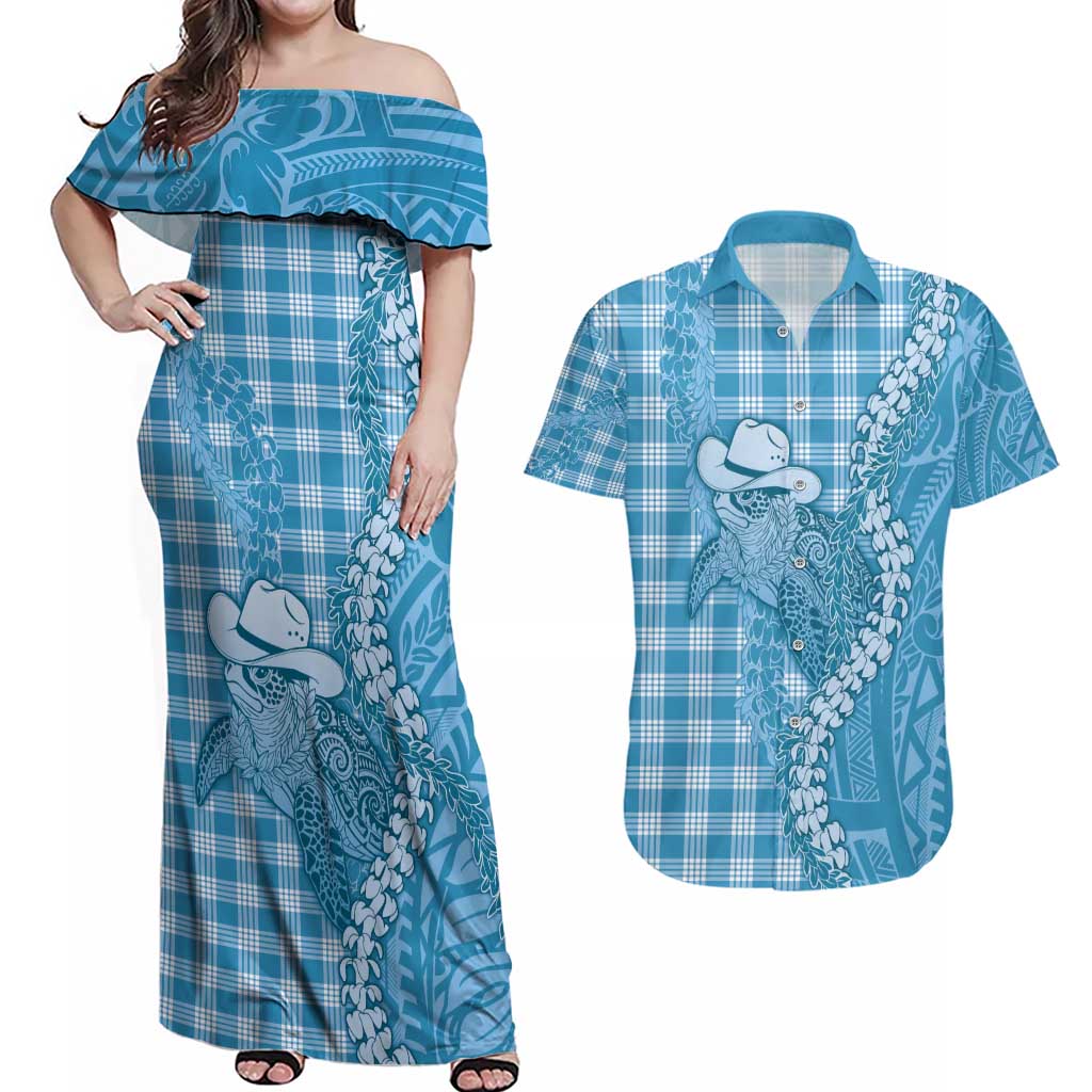 Blue Hawaii Palaka Cowboy Turtle Couples Matching Off Shoulder Maxi Dress and Hawaiian Shirt Hawaiian Paniolo Puakenikeni Maile Lei - Polynesian Pride