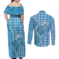 Blue Hawaii Palaka Cowboy Turtle Couples Matching Off Shoulder Maxi Dress and Long Sleeve Button Shirt Hawaiian Paniolo Puakenikeni Maile Lei - Polynesian Pride