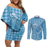 Blue Hawaii Palaka Cowboy Turtle Couples Matching Off Shoulder Short Dress and Long Sleeve Button Shirt Hawaiian Paniolo Puakenikeni Maile Lei - Polynesian Pride