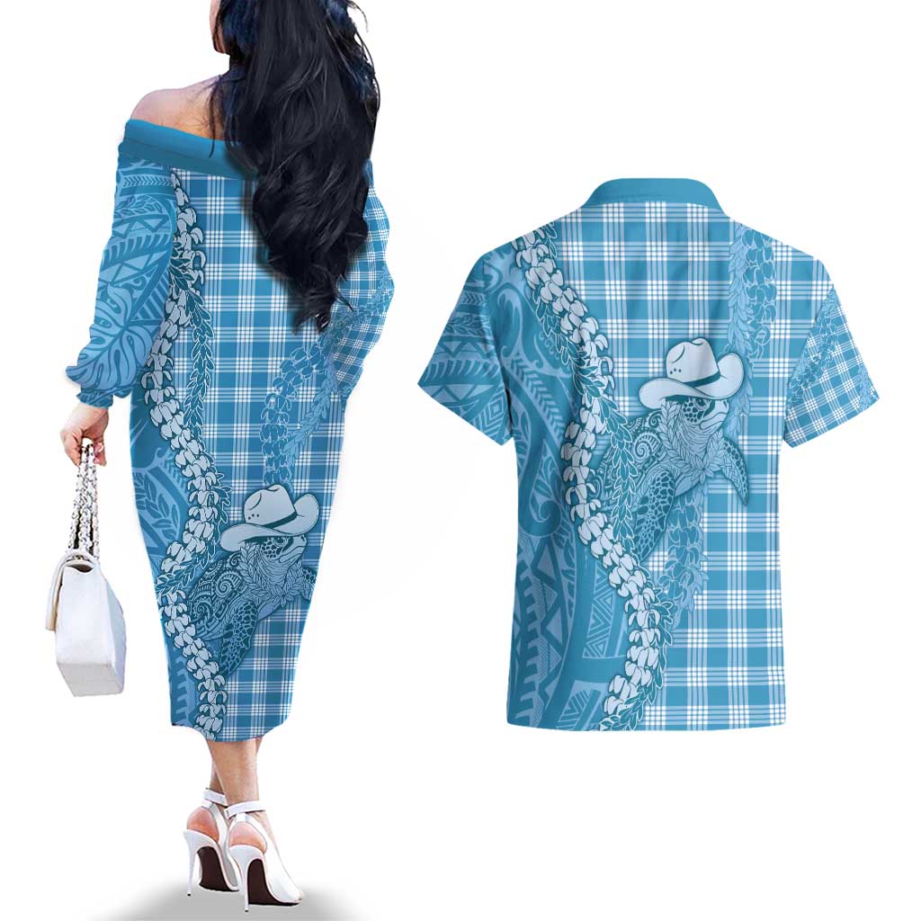Blue Hawaii Palaka Cowboy Turtle Couples Matching Off The Shoulder Long Sleeve Dress and Hawaiian Shirt Hawaiian Paniolo Puakenikeni Maile Lei - Polynesian Pride