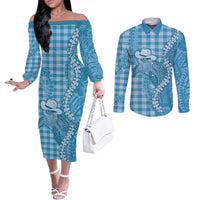 Blue Hawaii Palaka Cowboy Turtle Couples Matching Off The Shoulder Long Sleeve Dress and Long Sleeve Button Shirt Hawaiian Paniolo Puakenikeni Maile Lei - Polynesian Pride