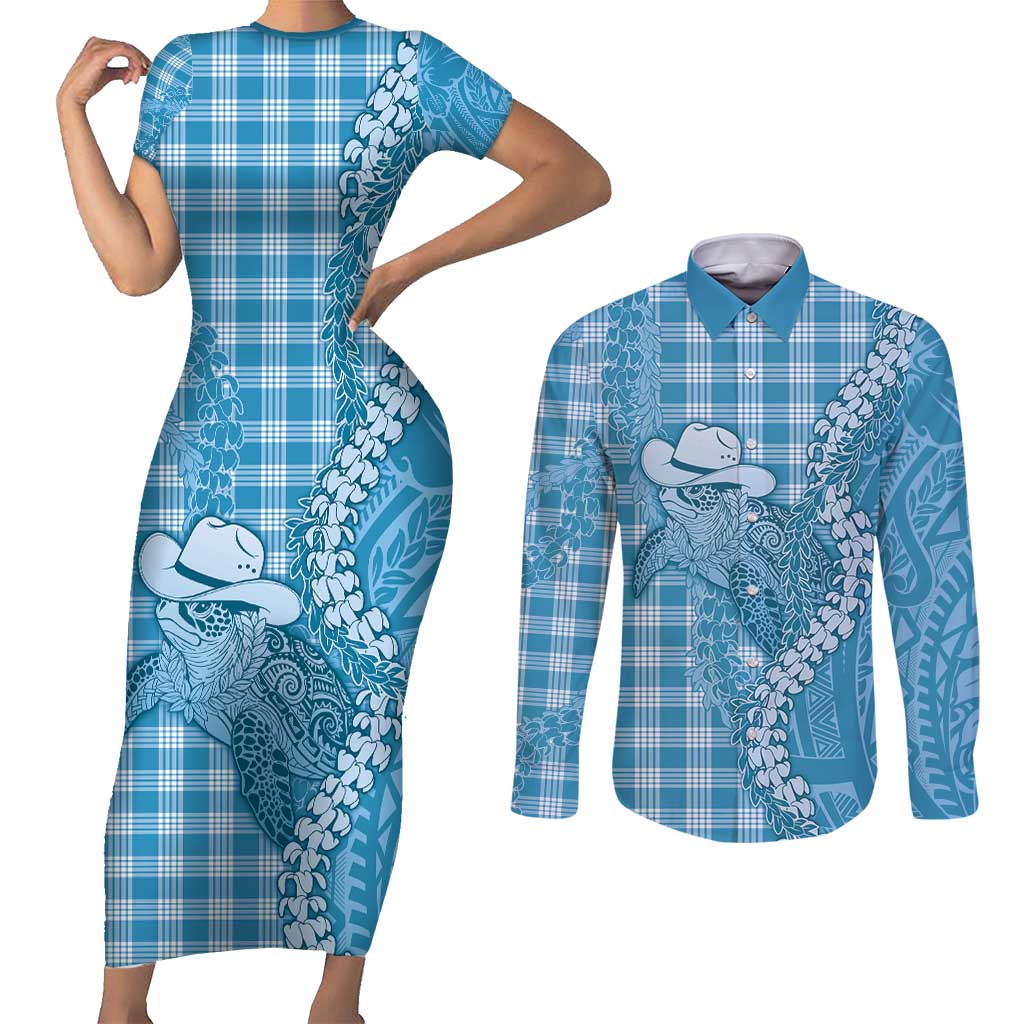 Blue Hawaii Palaka Cowboy Turtle Couples Matching Short Sleeve Bodycon Dress and Long Sleeve Button Shirt Hawaiian Paniolo Puakenikeni Maile Lei - Polynesian Pride