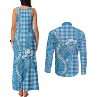 Blue Hawaii Palaka Cowboy Turtle Couples Matching Tank Maxi Dress and Long Sleeve Button Shirt Hawaiian Paniolo Puakenikeni Maile Lei - Polynesian Pride
