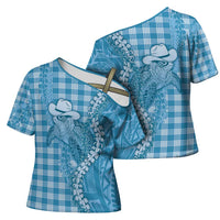 Blue Hawaii Palaka Cowboy Turtle Cross Shoulder Shirt Hawaiian Paniolo Puakenikeni Maile Lei - Polynesian Pride
