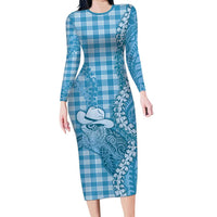 Blue Hawaii Palaka Cowboy Turtle Family Matching Long Sleeve Bodycon Dress and Hawaiian Shirt Hawaiian Paniolo Puakenikeni Maile Lei - Polynesian Pride