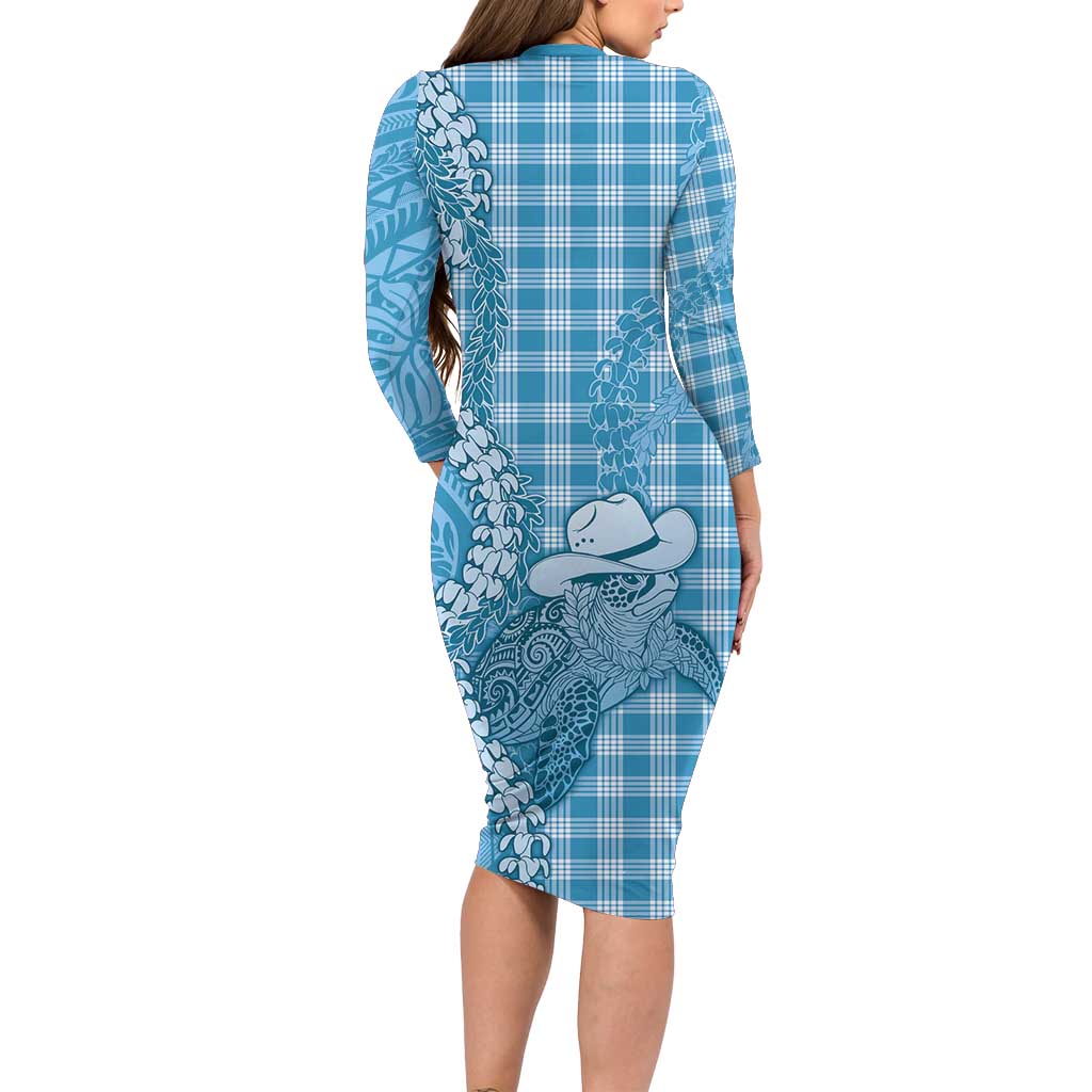 Blue Hawaii Palaka Cowboy Turtle Family Matching Long Sleeve Bodycon Dress and Hawaiian Shirt Hawaiian Paniolo Puakenikeni Maile Lei - Polynesian Pride