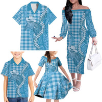Blue Hawaii Palaka Cowboy Turtle Family Matching Off The Shoulder Long Sleeve Dress and Hawaiian Shirt Hawaiian Paniolo Puakenikeni Maile Lei - Polynesian Pride