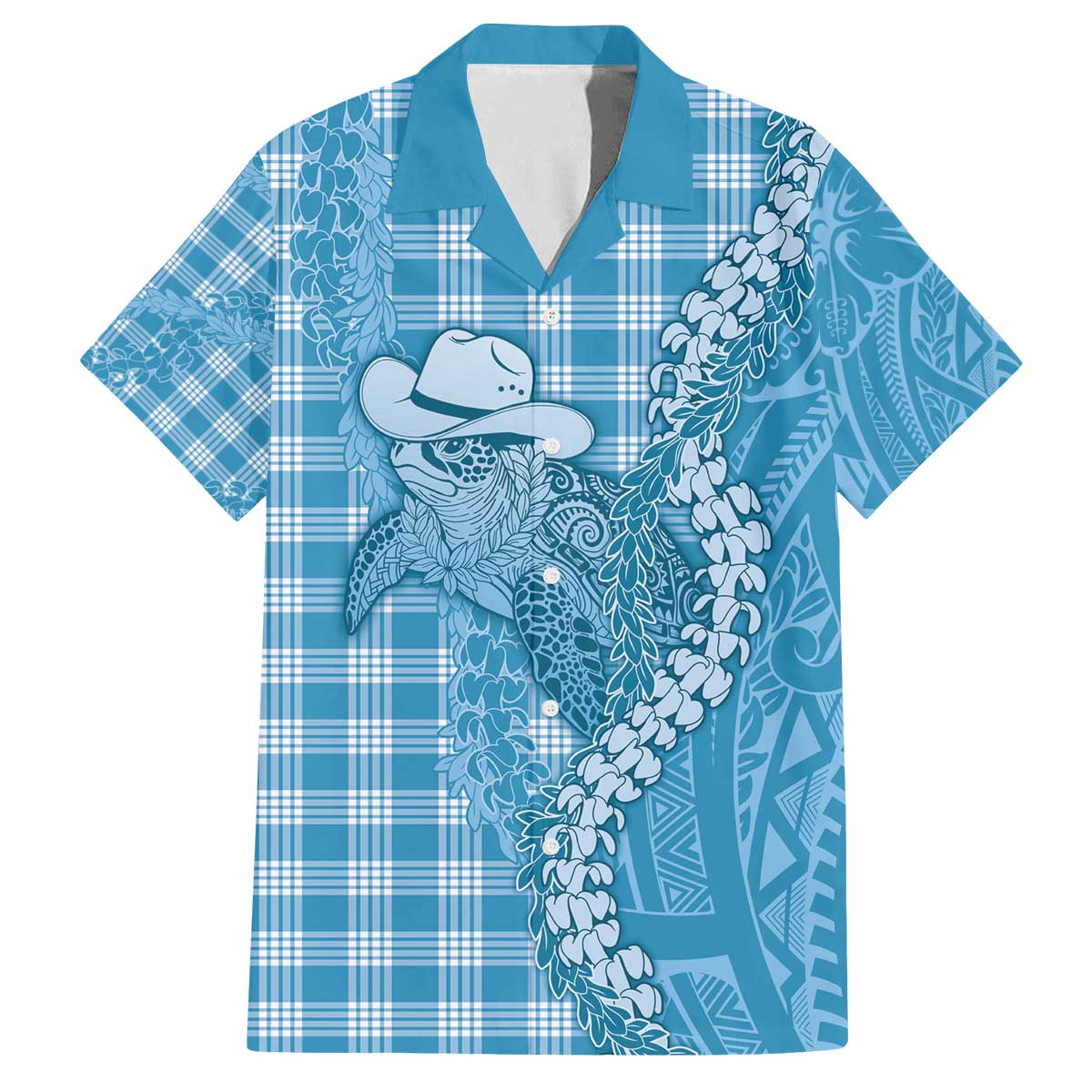 Blue Hawaii Palaka Cowboy Turtle Family Matching Off The Shoulder Long Sleeve Dress and Hawaiian Shirt Hawaiian Paniolo Puakenikeni Maile Lei - Polynesian Pride