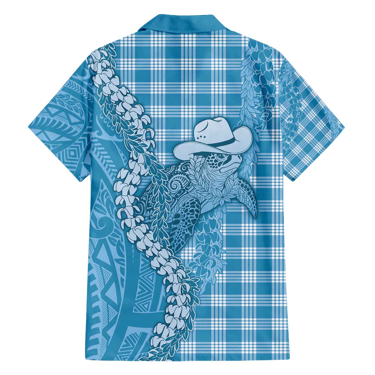 Blue Hawaii Palaka Cowboy Turtle Family Matching Off The Shoulder Long Sleeve Dress and Hawaiian Shirt Hawaiian Paniolo Puakenikeni Maile Lei - Polynesian Pride