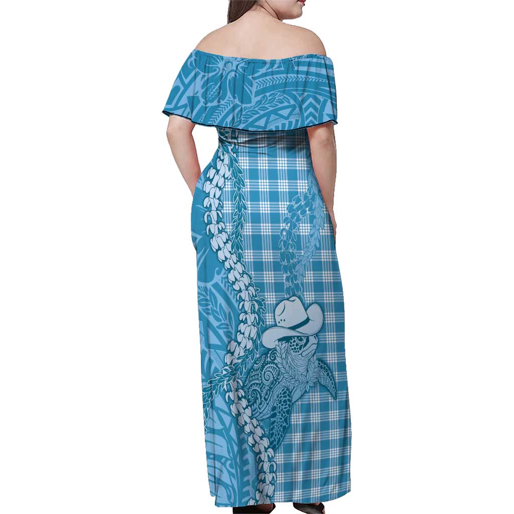Blue Hawaii Palaka Cowboy Turtle Family Matching Off Shoulder Maxi Dress and Hawaiian Shirt Hawaiian Paniolo Puakenikeni Maile Lei - Polynesian Pride