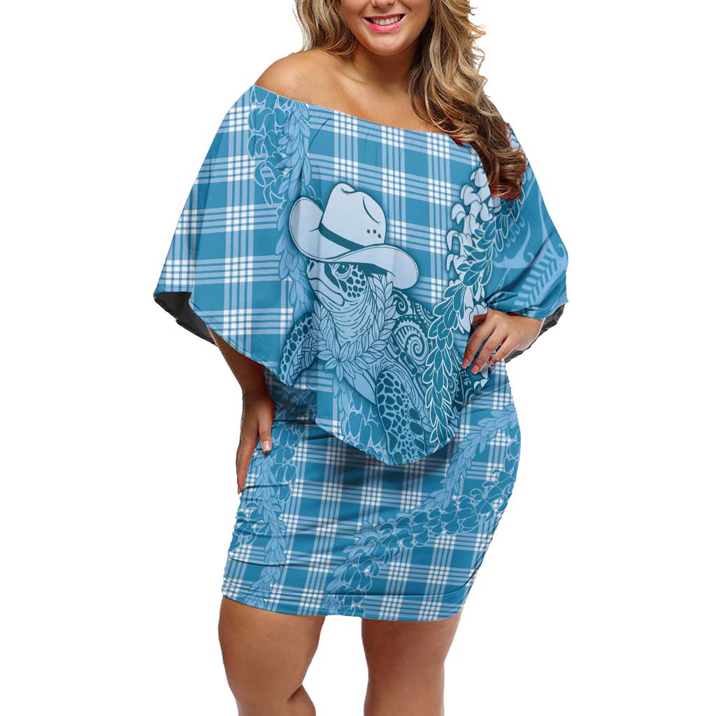 Blue Hawaii Palaka Cowboy Turtle Family Matching Off Shoulder Short Dress and Hawaiian Shirt Hawaiian Paniolo Puakenikeni Maile Lei - Polynesian Pride