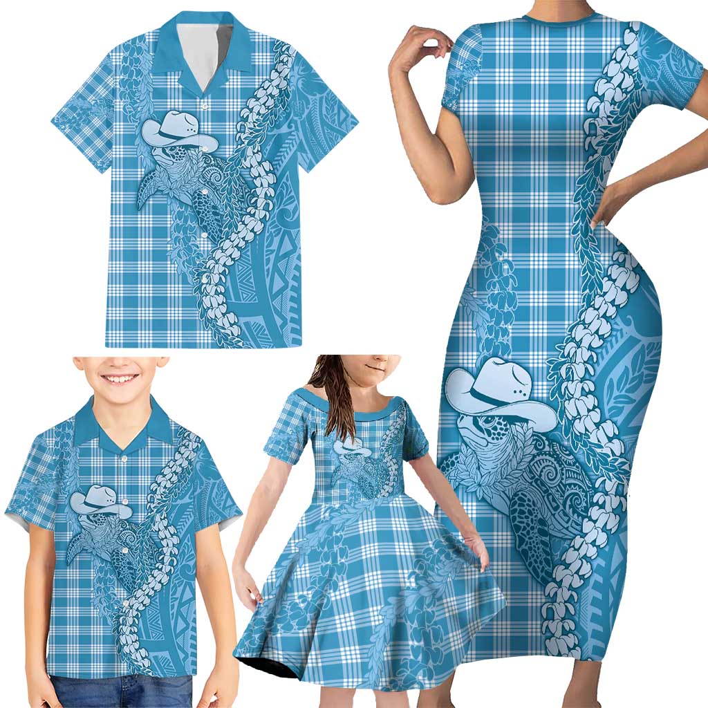 Blue Hawaii Palaka Cowboy Turtle Family Matching Short Sleeve Bodycon Dress and Hawaiian Shirt Hawaiian Paniolo Puakenikeni Maile Lei - Polynesian Pride
