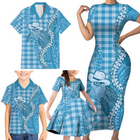 Blue Hawaii Palaka Cowboy Turtle Family Matching Short Sleeve Bodycon Dress and Hawaiian Shirt Hawaiian Paniolo Puakenikeni Maile Lei - Polynesian Pride