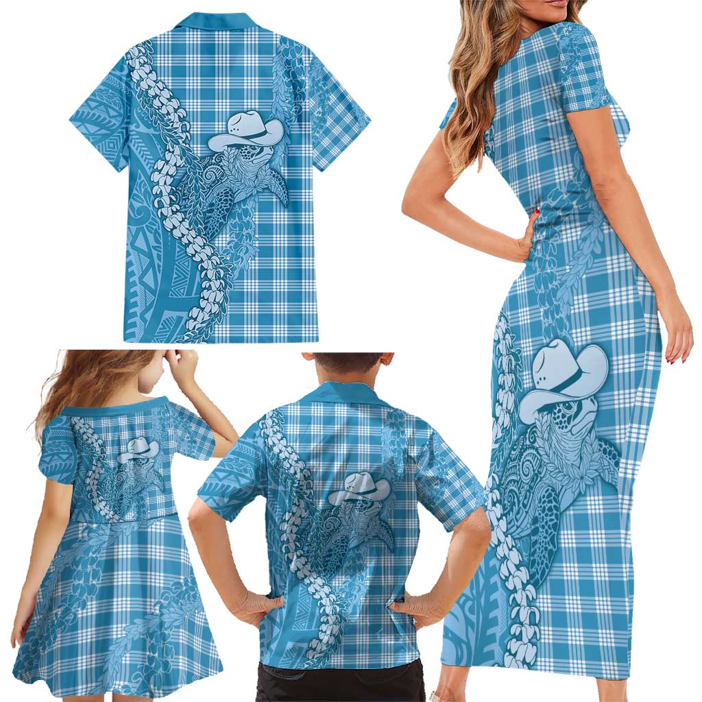 Blue Hawaii Palaka Cowboy Turtle Family Matching Short Sleeve Bodycon Dress and Hawaiian Shirt Hawaiian Paniolo Puakenikeni Maile Lei - Polynesian Pride