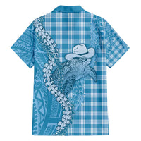 Blue Hawaii Palaka Cowboy Turtle Family Matching Short Sleeve Bodycon Dress and Hawaiian Shirt Hawaiian Paniolo Puakenikeni Maile Lei - Polynesian Pride