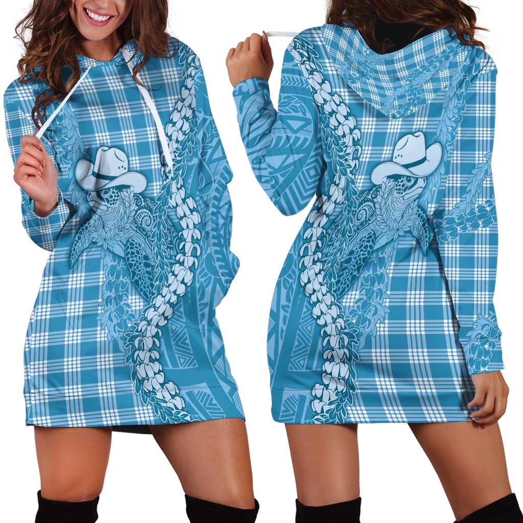 Blue Hawaii Palaka Cowboy Turtle Hoodie Dress Hawaiian Paniolo Puakenikeni Maile Lei - Polynesian Pride