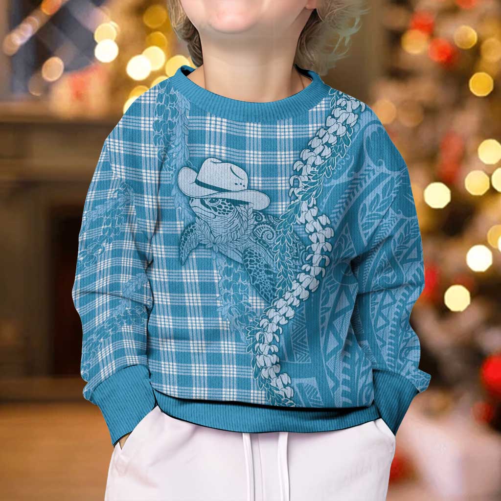 Blue Hawaii Palaka Cowboy Turtle Kid Ugly Christmas Sweater Hawaiian Paniolo Puakenikeni Maile Lei - Polynesian Pride