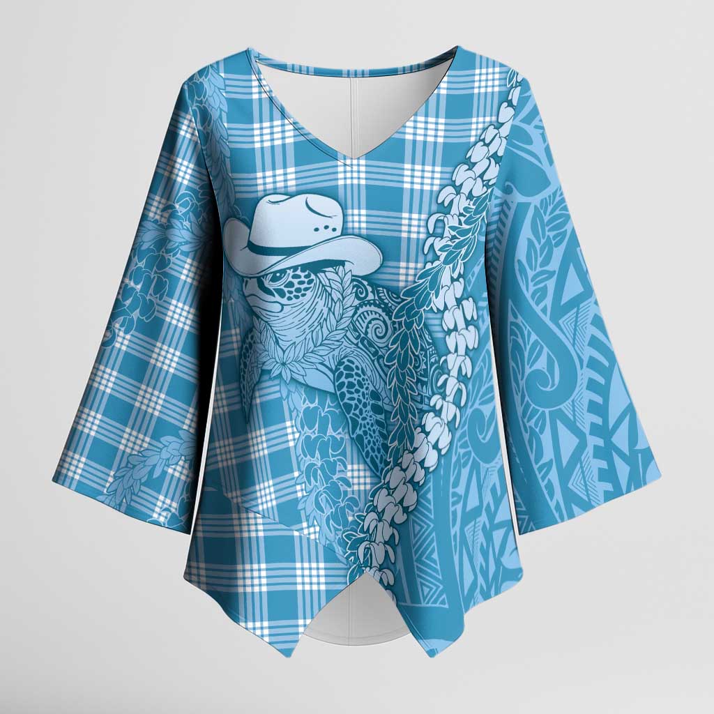 Blue Hawaii Palaka Cowboy Turtle Kimono Sleeve Blouse Hawaiian Paniolo Puakenikeni Maile Lei - Polynesian Pride