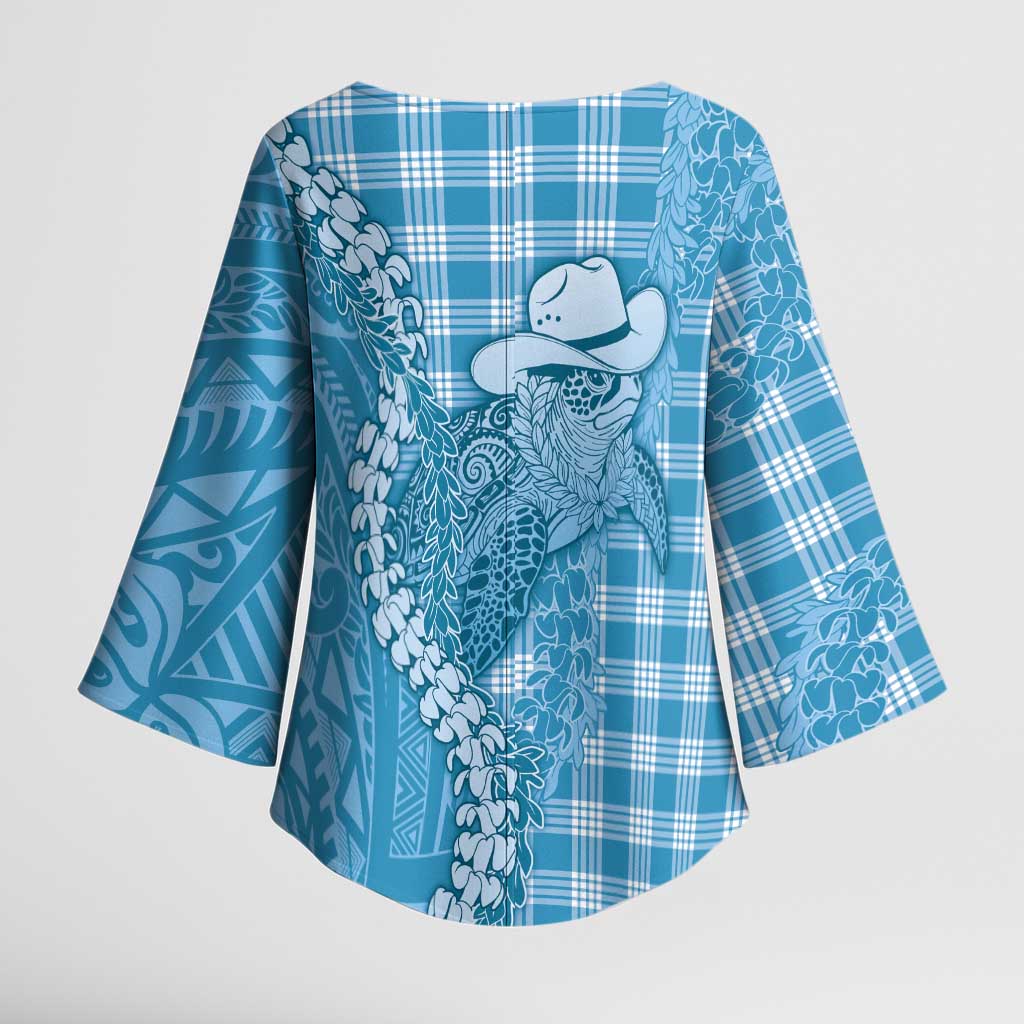 Blue Hawaii Palaka Cowboy Turtle Kimono Sleeve Blouse Hawaiian Paniolo Puakenikeni Maile Lei - Polynesian Pride
