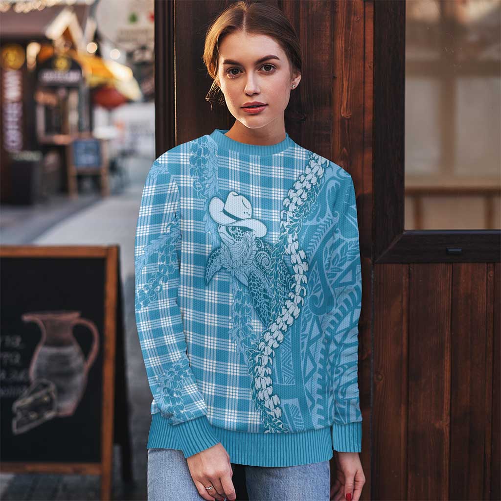 Blue Hawaii Palaka Cowboy Turtle Ugly Christmas Sweater Hawaiian Paniolo Puakenikeni Maile Lei - Polynesian Pride