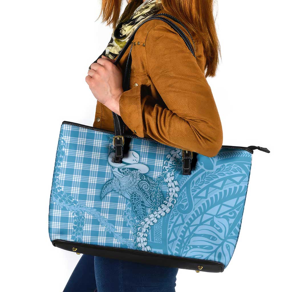 Blue Hawaii Palaka Cowboy Turtle Leather Tote Bag Hawaiian Paniolo Puakenikeni Maile Lei - Polynesian Pride