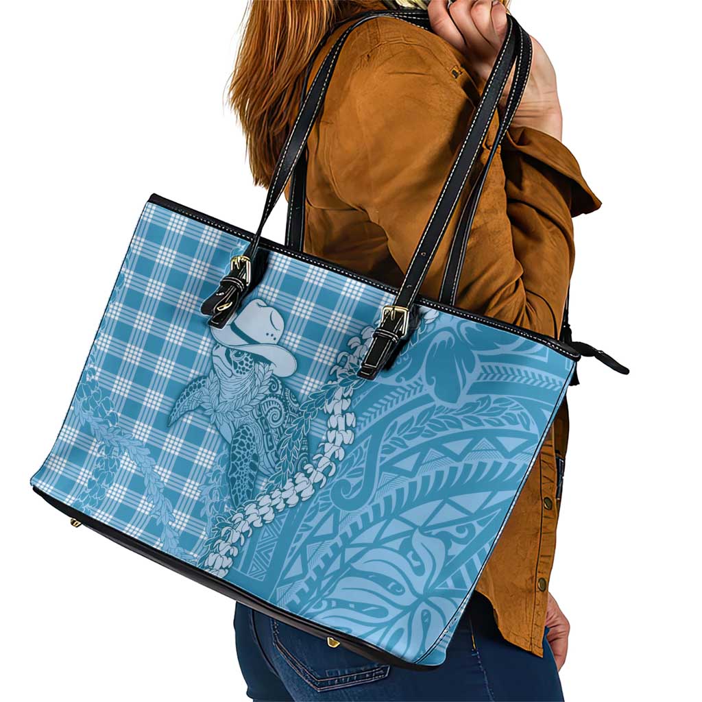 Blue Hawaii Palaka Cowboy Turtle Leather Tote Bag Hawaiian Paniolo Puakenikeni Maile Lei - Polynesian Pride