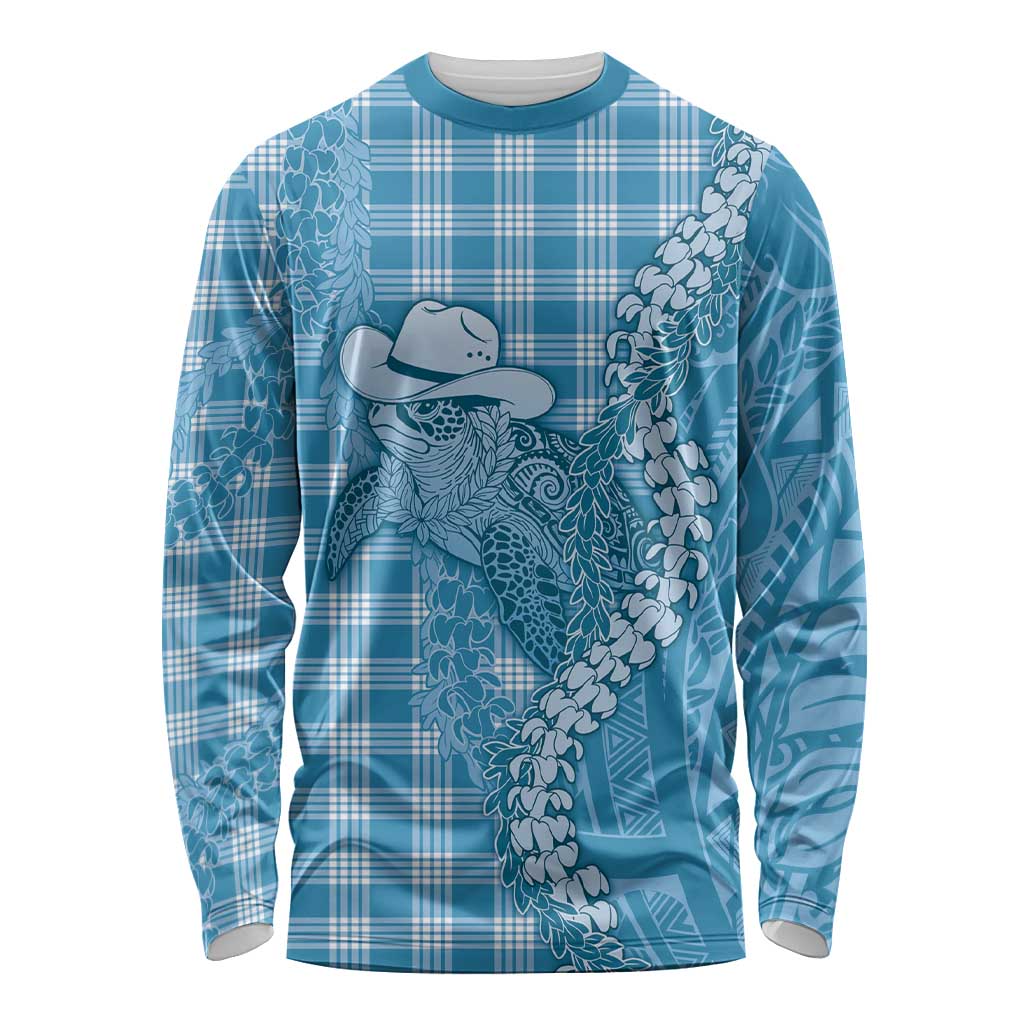 Blue Hawaii Palaka Cowboy Turtle Long Sleeve Shirt Hawaiian Paniolo Puakenikeni Maile Lei - Polynesian Pride