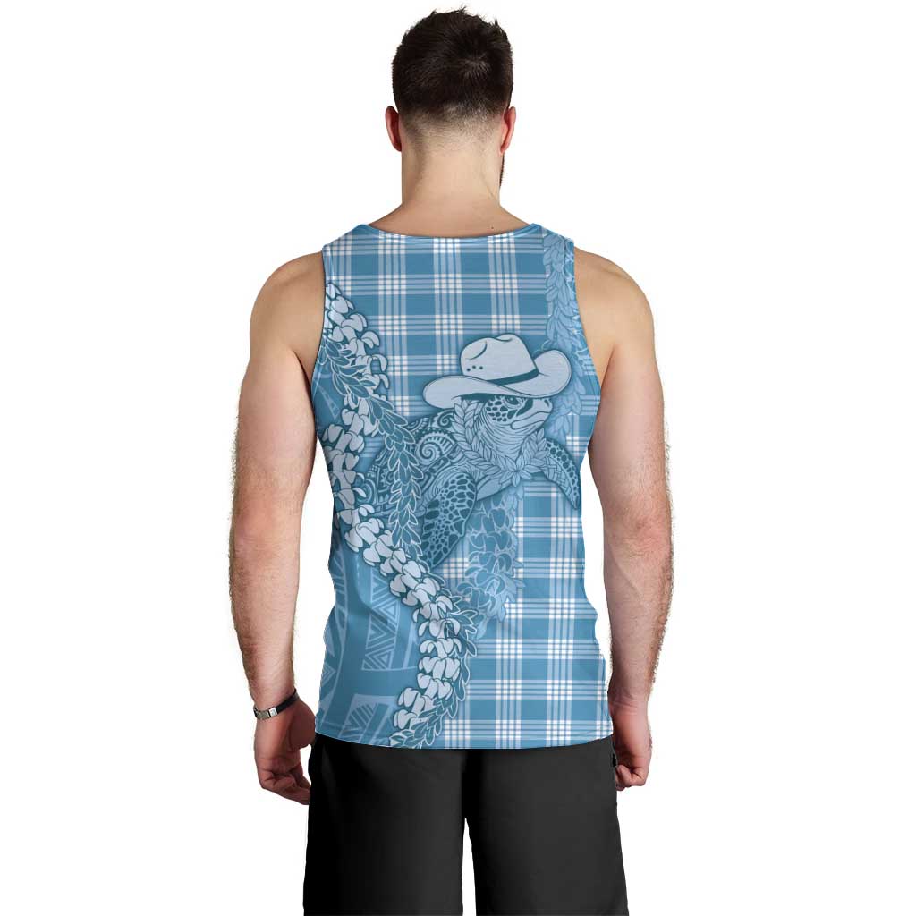 Blue Hawaii Palaka Cowboy Turtle Men Tank Top Hawaiian Paniolo Puakenikeni Maile Lei - Polynesian Pride
