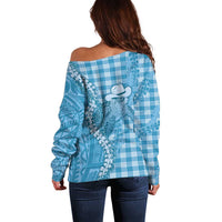 Blue Hawaii Palaka Cowboy Turtle Off Shoulder Sweater Hawaiian Paniolo Puakenikeni Maile Lei - Polynesian Pride