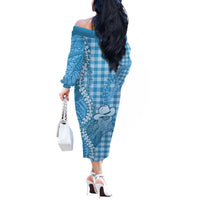 Blue Hawaii Palaka Cowboy Turtle Off The Shoulder Long Sleeve Dress Hawaiian Paniolo Puakenikeni Maile Lei - Polynesian Pride