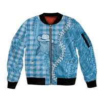 Blue Hawaii Palaka Cowboy Turtle Sleeve Zip Bomber Jacket Hawaiian Paniolo Puakenikeni Maile Lei - Polynesian Pride