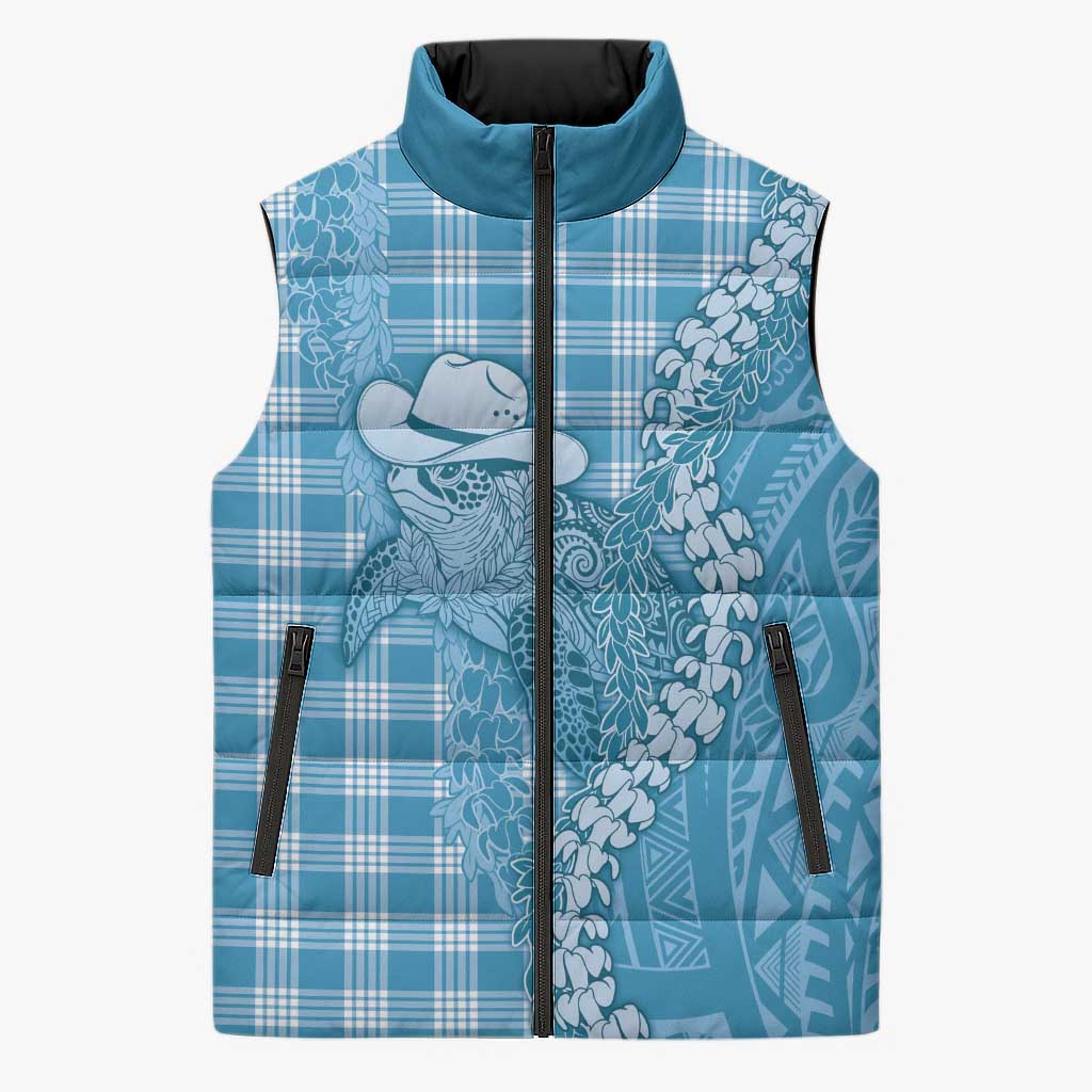 Blue Hawaii Palaka Cowboy Turtle Sleeveless Puffer Jacket Hawaiian Paniolo Puakenikeni Maile Lei - Polynesian Pride