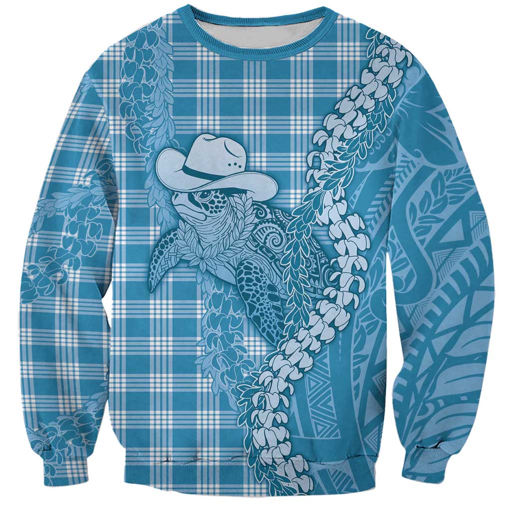 Blue Hawaii Palaka Cowboy Turtle Sweatshirt Hawaiian Paniolo Puakenikeni Maile Lei - Polynesian Pride
