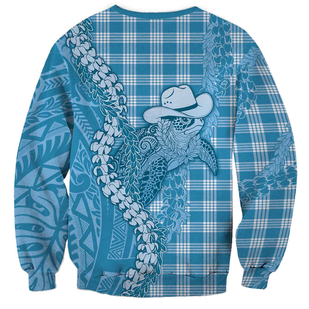 Blue Hawaii Palaka Cowboy Turtle Sweatshirt Hawaiian Paniolo Puakenikeni Maile Lei - Polynesian Pride