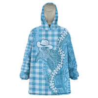 Blue Hawaii Palaka Cowboy Turtle Wearable Blanket Hoodie Hawaiian Paniolo Puakenikeni Maile Lei DT05 One Size Blue - Polynesian Pride