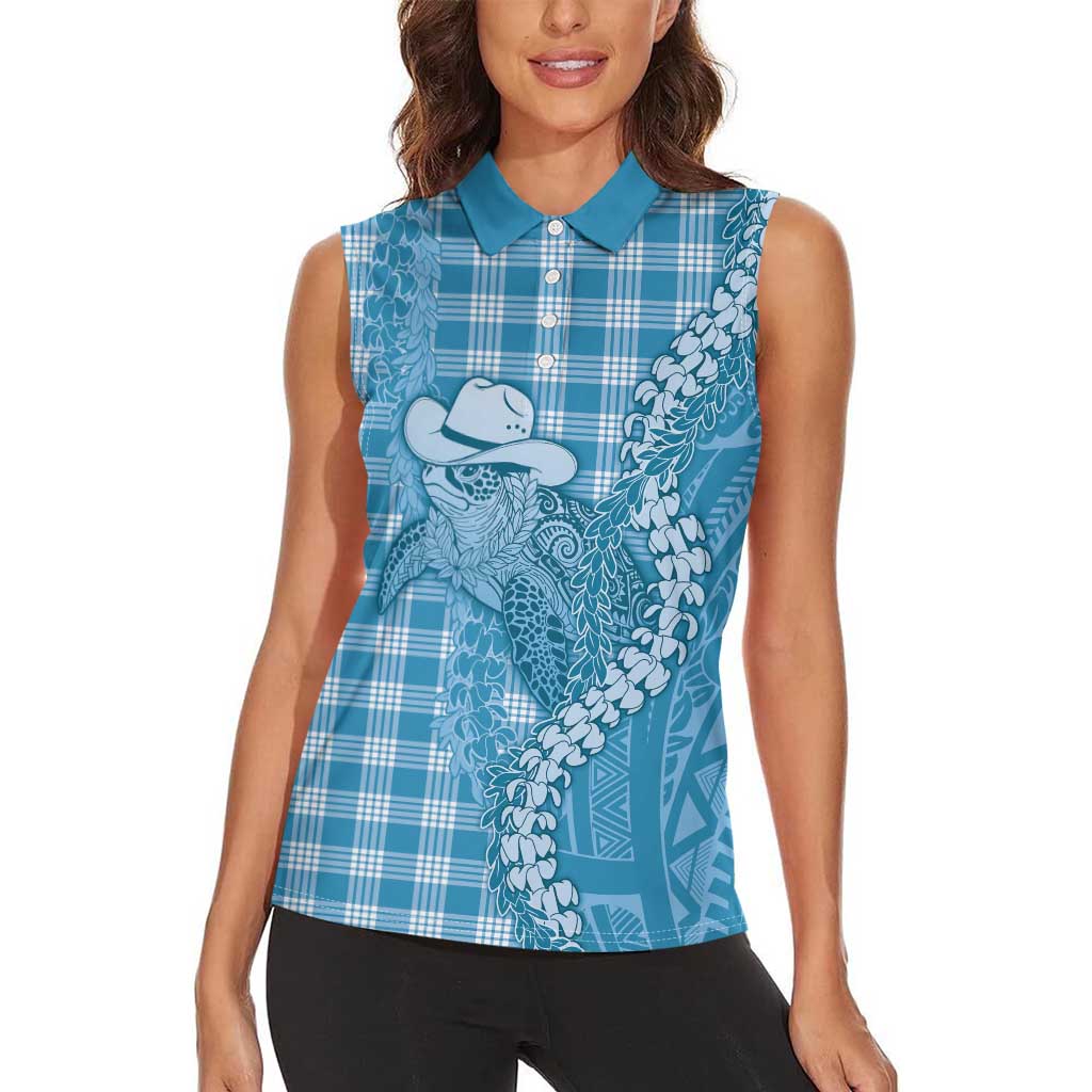 Blue Hawaii Palaka Cowboy Turtle Women Sleeveless Polo Shirt Hawaiian Paniolo Puakenikeni Maile Lei - Polynesian Pride